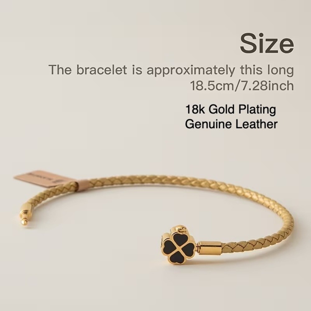 BLKSMITH 18k Gold Plated Braided Leather Four Leaf Clover Bracelet Gold Black - Picture 2 of 2